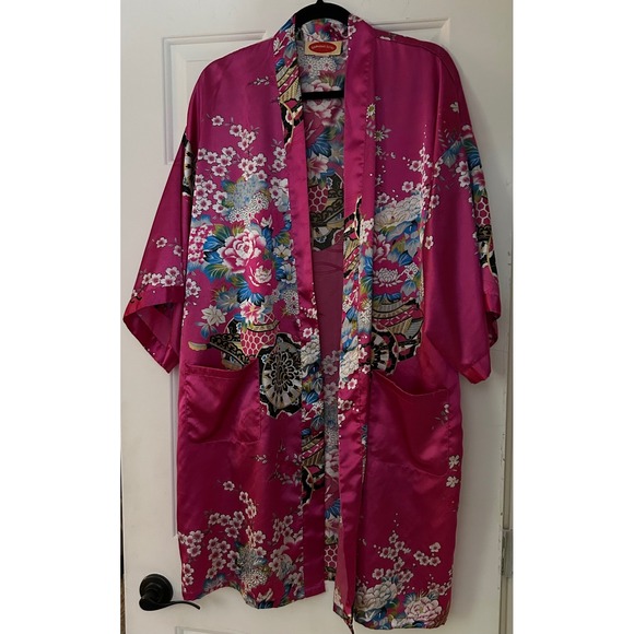 Shanghai SOHO Pink Floral Kimono Robe One Size Lounge Spa Bath Cover Up pockets - Picture 1 of 8